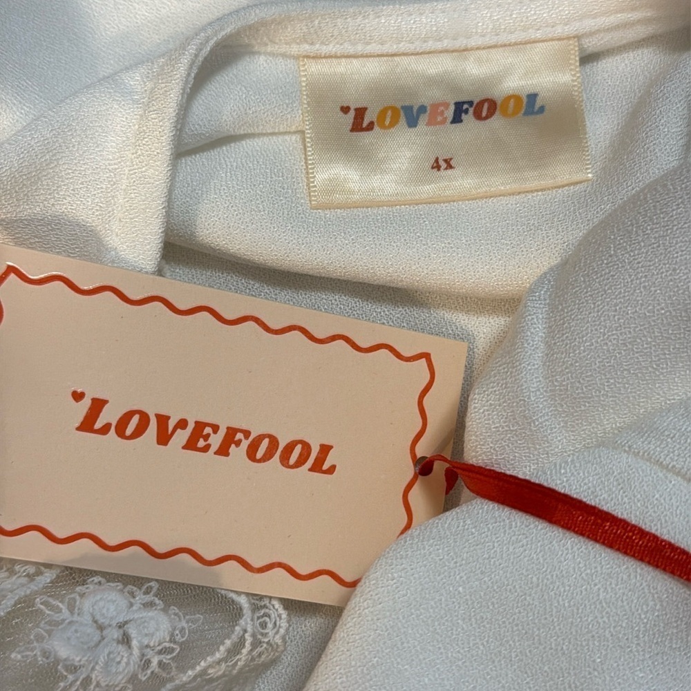 Lovefool New 4x Cream Pleated Deep Lacy V Neck Button Up Long Bell Sleeve Blouse — image 6 of 8